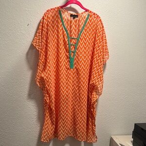 Orange/White and Green Flutter Sleeve Tunic Coverup